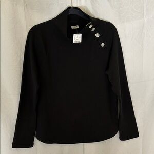 NWT J.Crew Black Top with Bejeweled Mock neck Pullover top for women. Size Med.